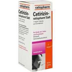 Verpackung von Cetirizin Saft von Ratiopharm, einem Antiallergikum für Kinder und Erwachsene.