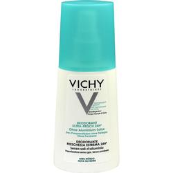 Eine Deoflasche mit türkisfarbenem Deckel und der Marke Vichy.