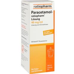 Eine Schachtel Paracetamol-Lösung von ratiopharm, 40 mg/ml, mit Orangengeschmack.
